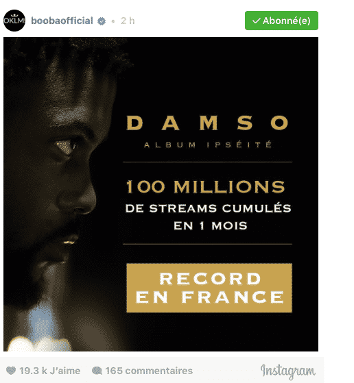 image record 100 millions de stream pour Ipséité de Damso