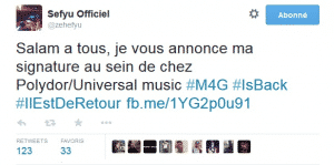 image screen Twitter Sefyu annonce signature chez Polydor:Universal Music